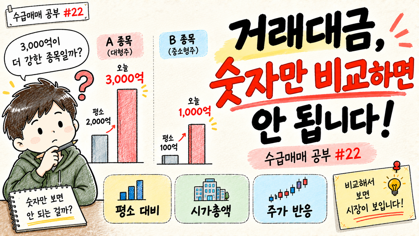 대장주와 후발주의 거래대금을 숫자 그대로 비교하면 안 되는 이유를 설명하는 수급매매 공부 22 대표 이미지